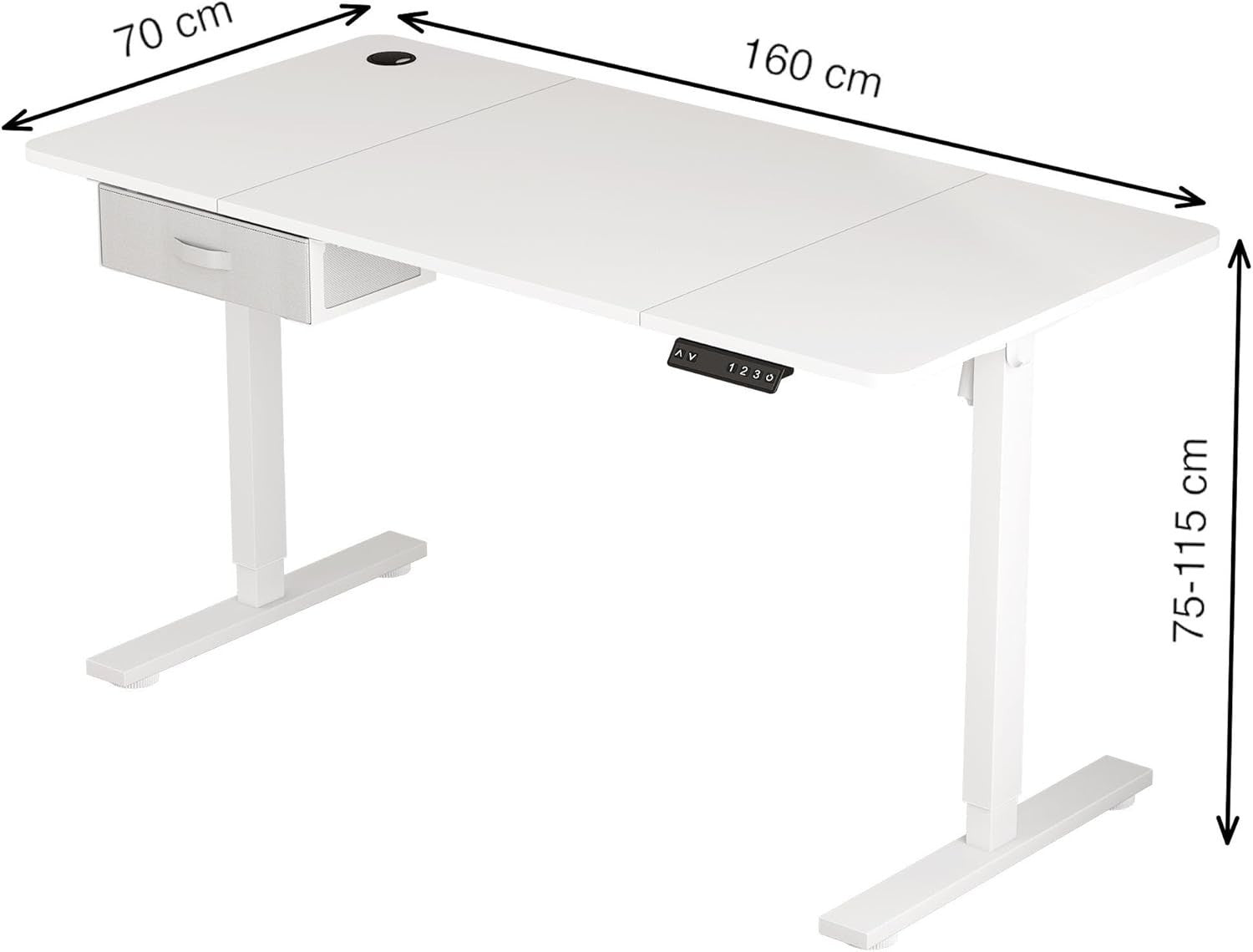 Electric Standing Desk 160x70cm w/Drawer, USB Port & Memory Control White