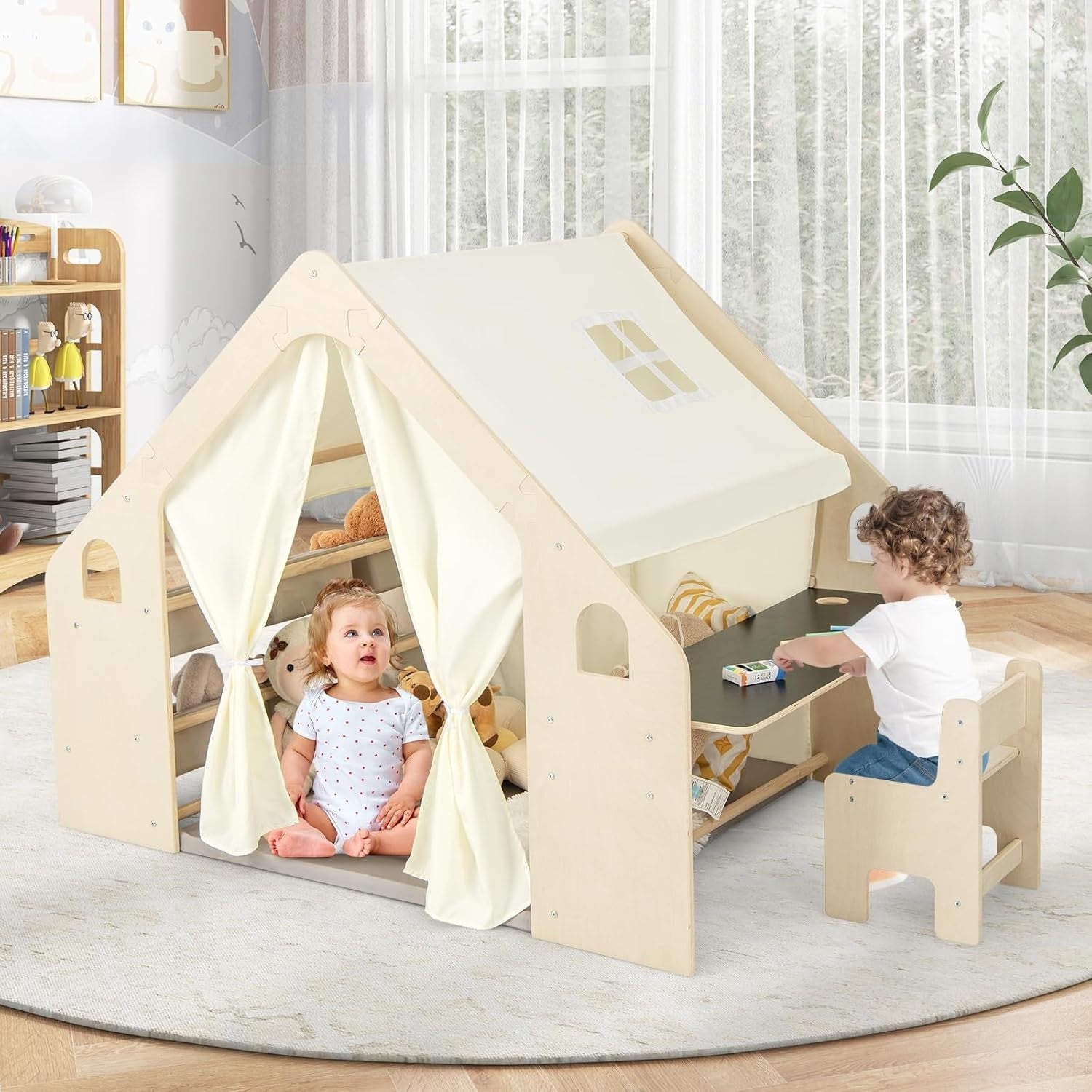 6 in 1 Kids Wooden Play Tent w Desk Chair Mat Blackboard Storage