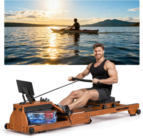 Foldable Wooden Water Rowing Machine Bluetooth LCD Quiet Dual Rail Home Gym