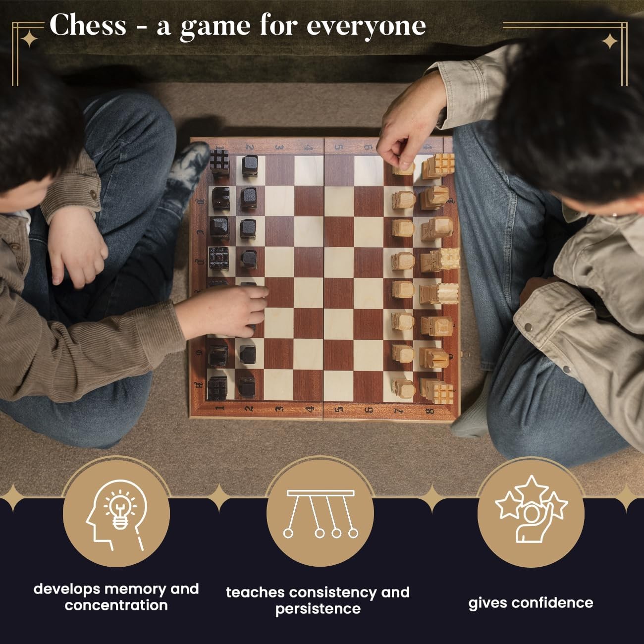 50cm Deluxe Hand-Carved Wooden Chess Set | Inlaid Folding Board & Sculpted Piece
