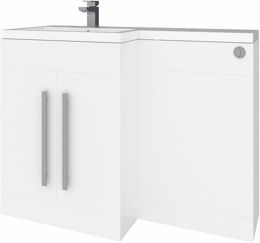 1100mm L Shape Left Hand Vanity Unit with Basin Sink & BTW Toilet Gloss White