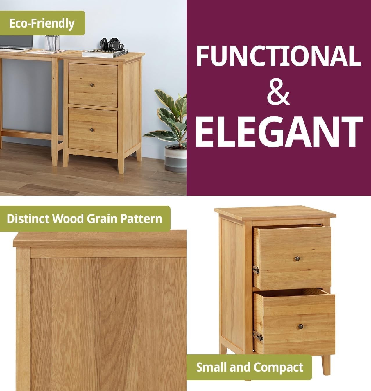 Oak Filing Cabinet 2 Drawer Wooden Office Pedestal Compact Storage