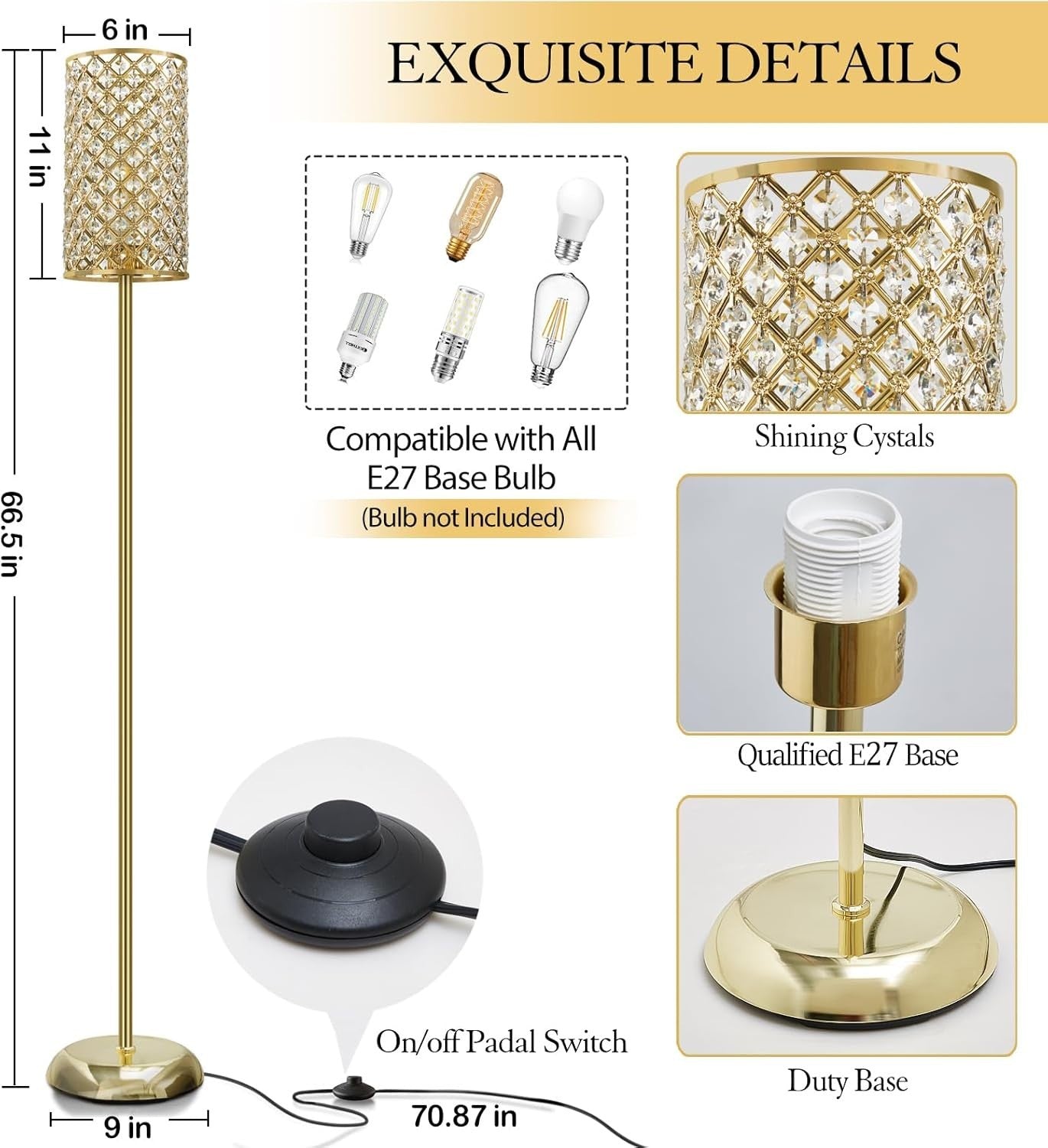 Gold Crystal Floor Lamp Modern Standing Light Foot Switch Tall Slim Design