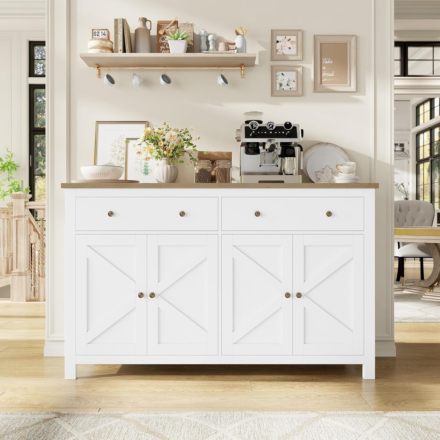 Large White Kitchen Sideboard 4 Doors 2 Drawers Adjustable Shelves Storage