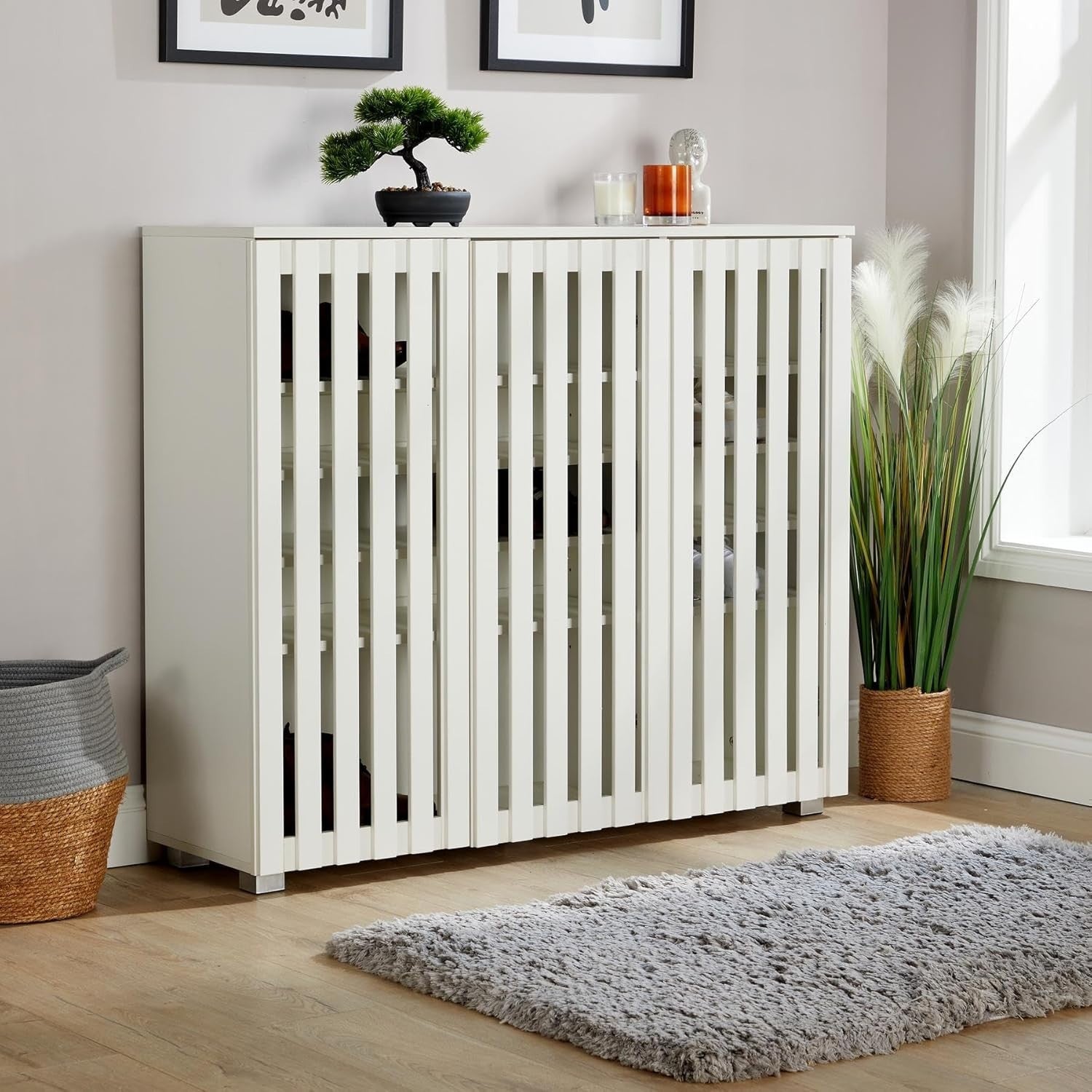 Spacious 3 Door White Shoe Storage Cabinet with 8 Shelves | Modern Design