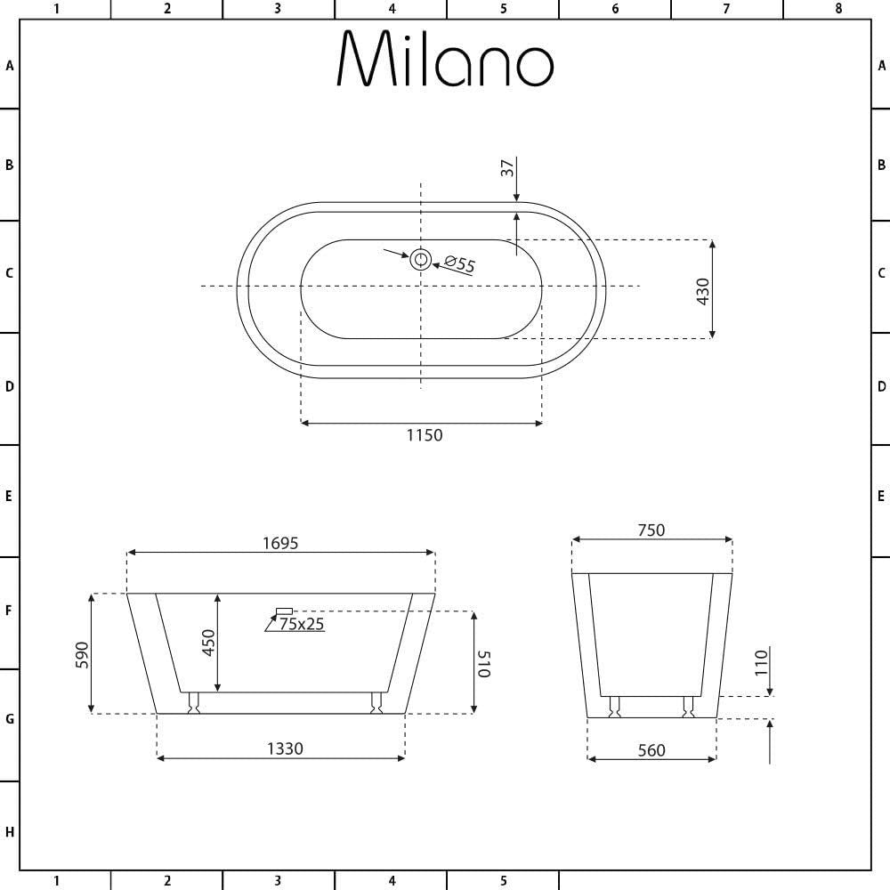 Stone Grey Double Ended Freestanding Oval Bath 1695x750mm Chrome Overflow