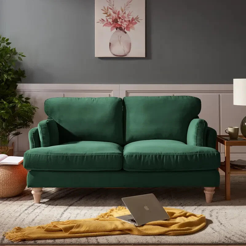 Luxury Green Velvet 2 Seater Sofa Modern Deep Seat Cushions Solid Wood Legs