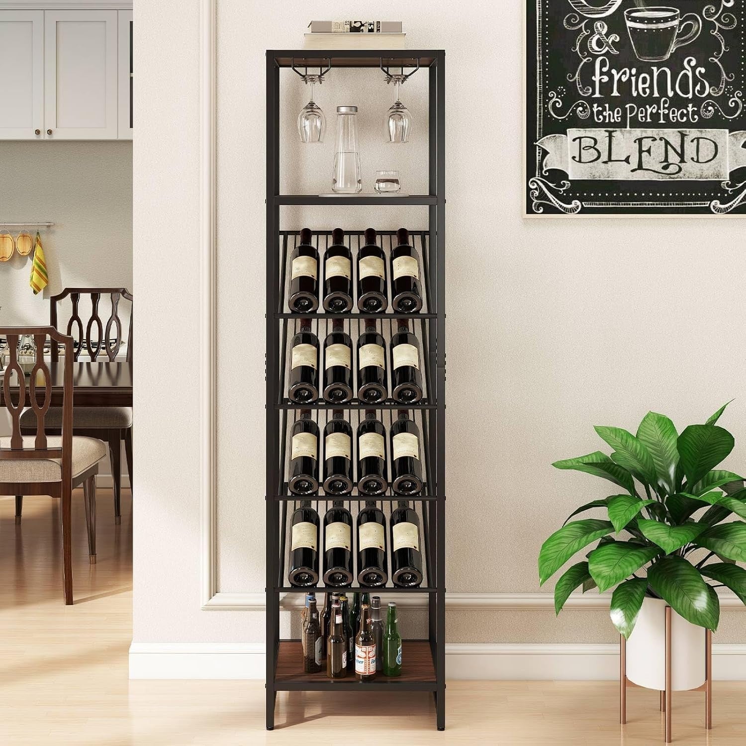 7-Tier Freestanding Wine Rack with Glass Holder, 16 Bottle Storage Shelf Unit