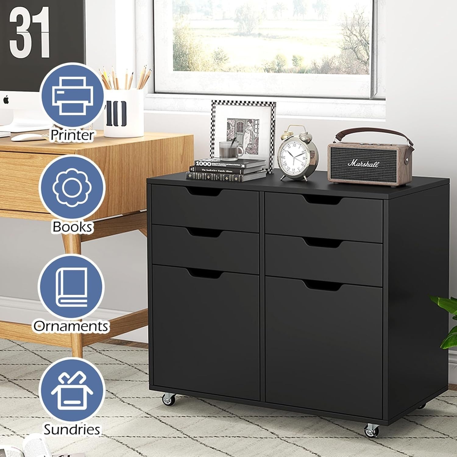 Black Mobile File Cabinet 4 Drawer 2 Door Rolling Printer Stand
