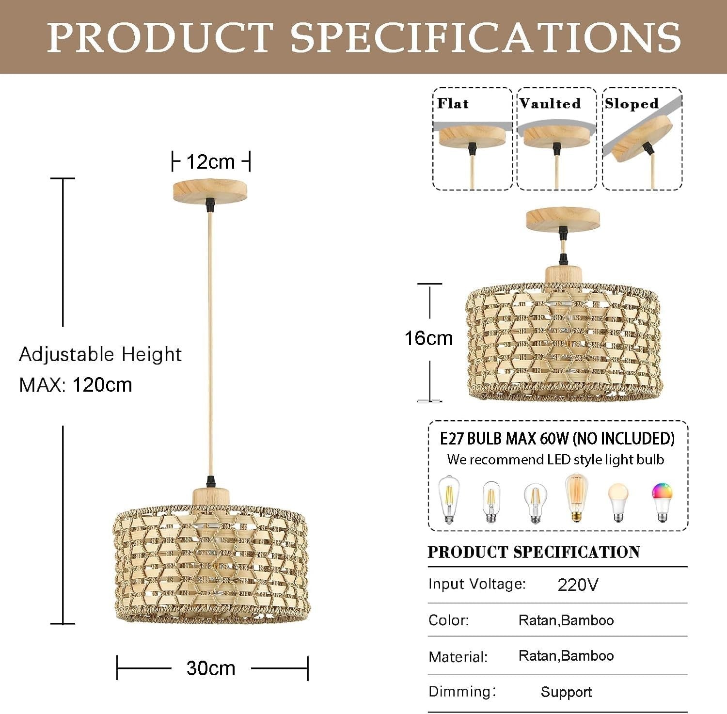 Rattan Pendant Light Shade 30cm Boho Woven Ceiling Lamp E27