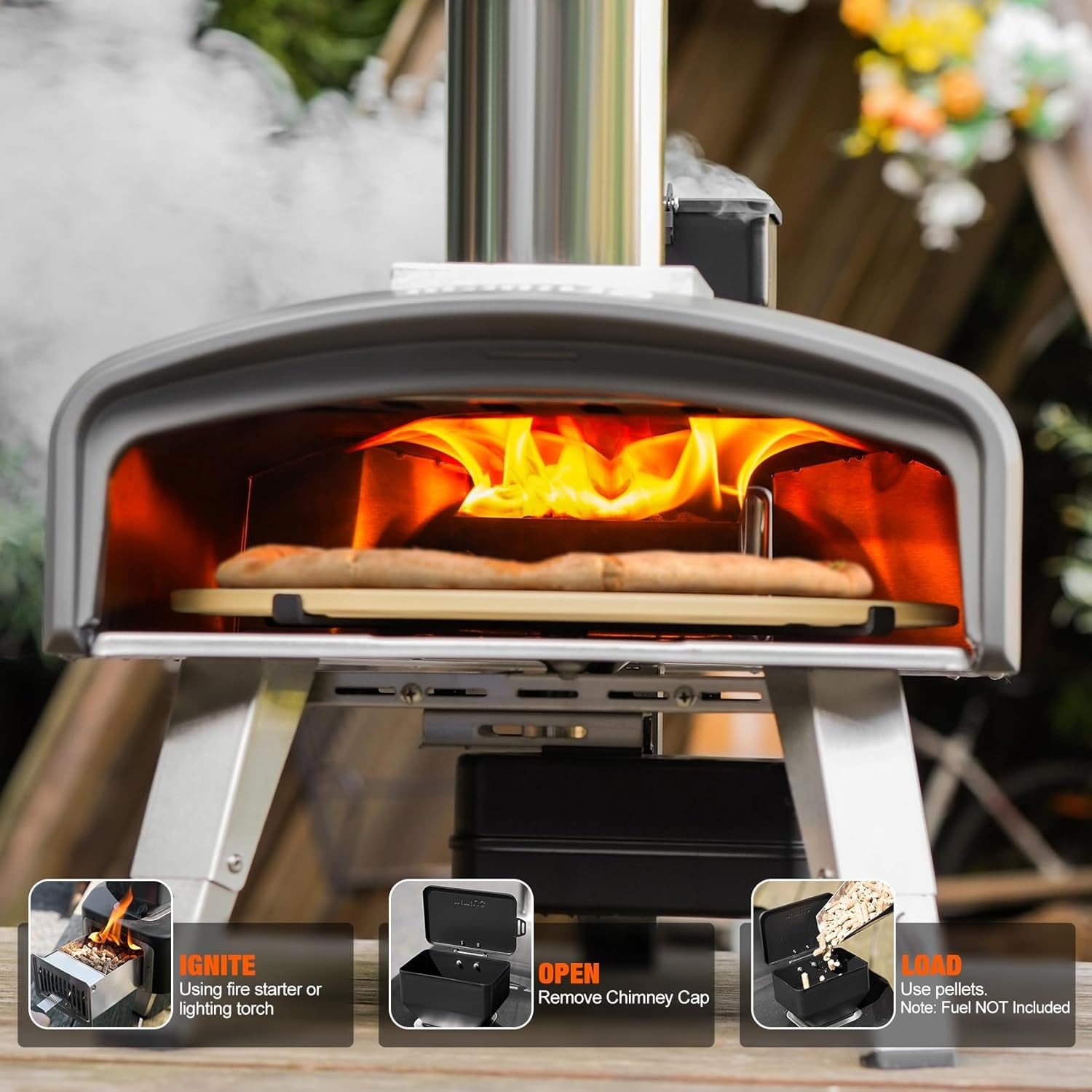 Outdoor Pellet Pizza Oven 500°C Auto Rotating Stone | Stainless Steel BBQ Cooker