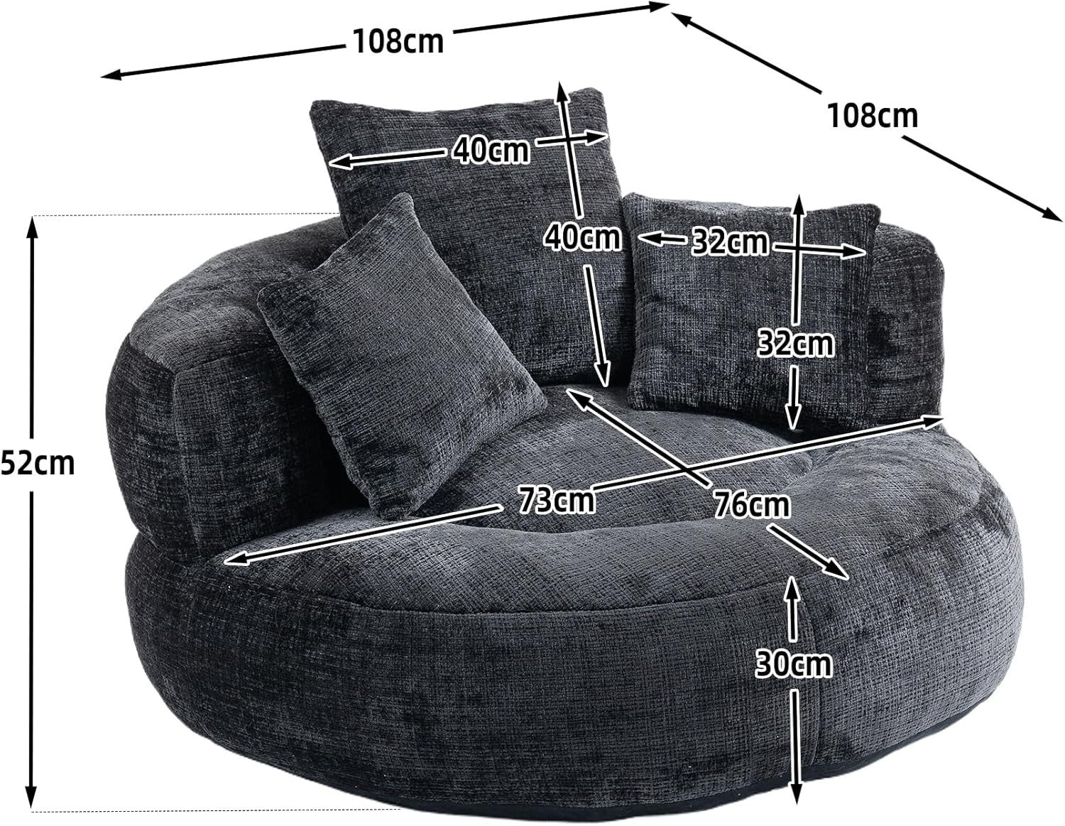 Black Luxury Bean Bag Sofa Chair w/ Pillows – Indoor Outdoor Gaming Seat