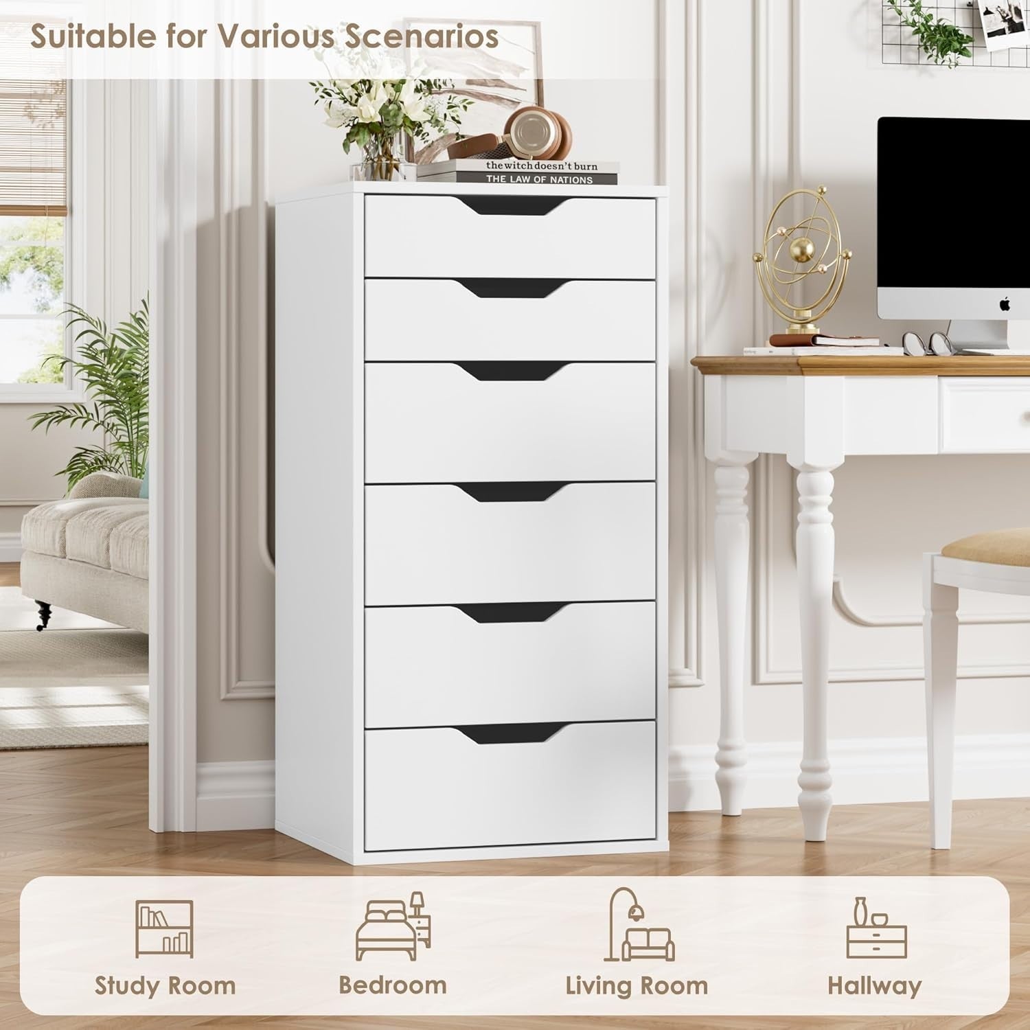 Tall 6-Drawer White Chest Storage Cabinet for Bedroom Hallway Living Room
