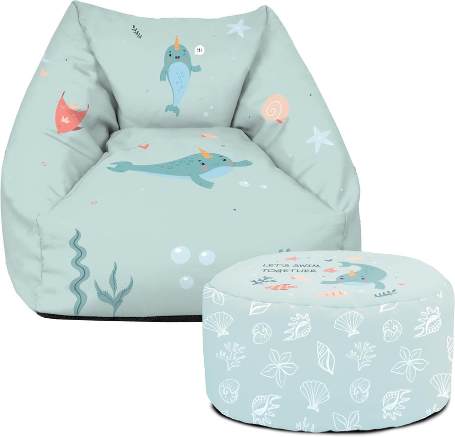 Kids Sea Print Bean Bag Chair Set – Toddler Armchair & Footstool Filled