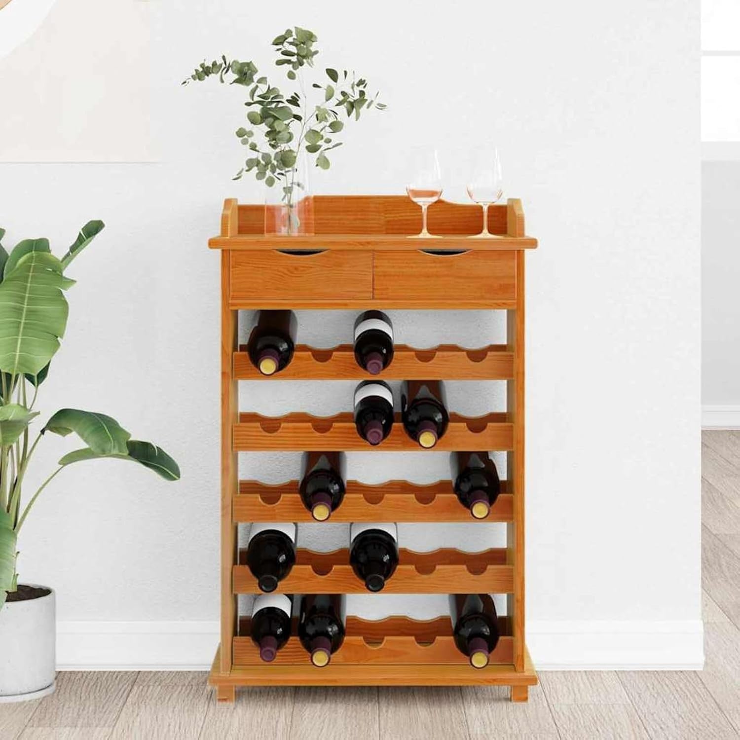 20 Bottle Rustic Wood Wine Rack Cabinet with Top Shelf Storage Stand Kitchen Bar