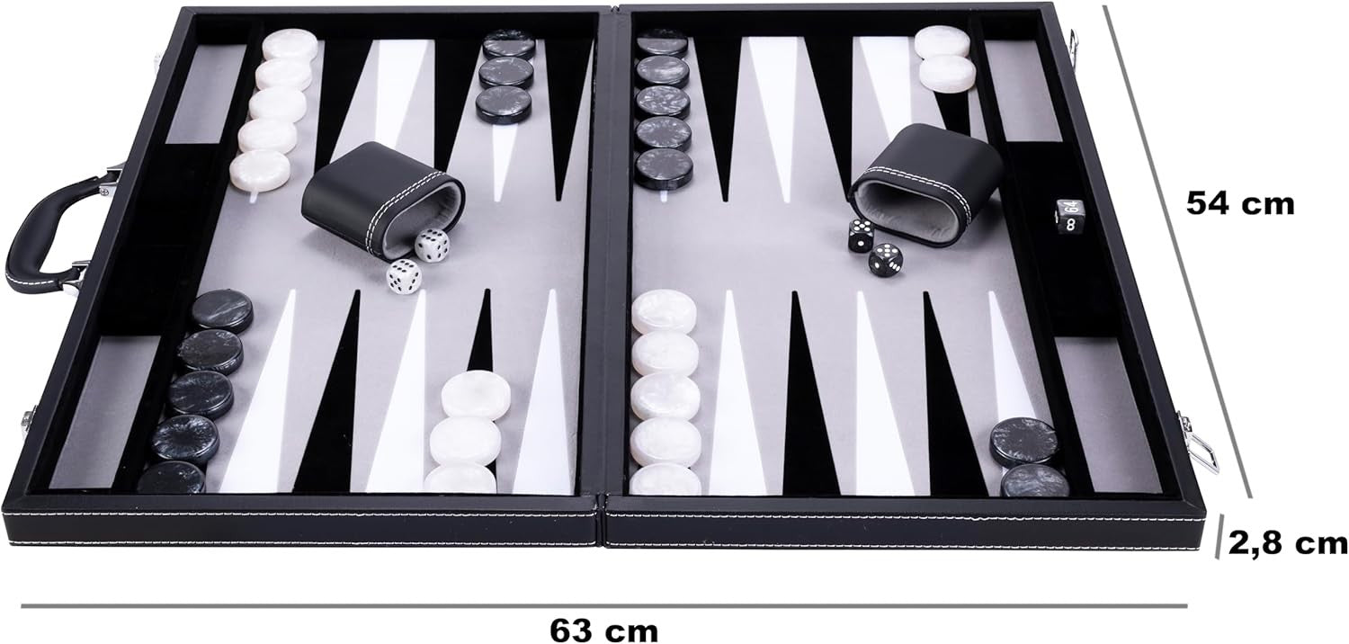 21 Inch Deluxe Backgammon Set Faux Leather Case Interior Dice Cups
