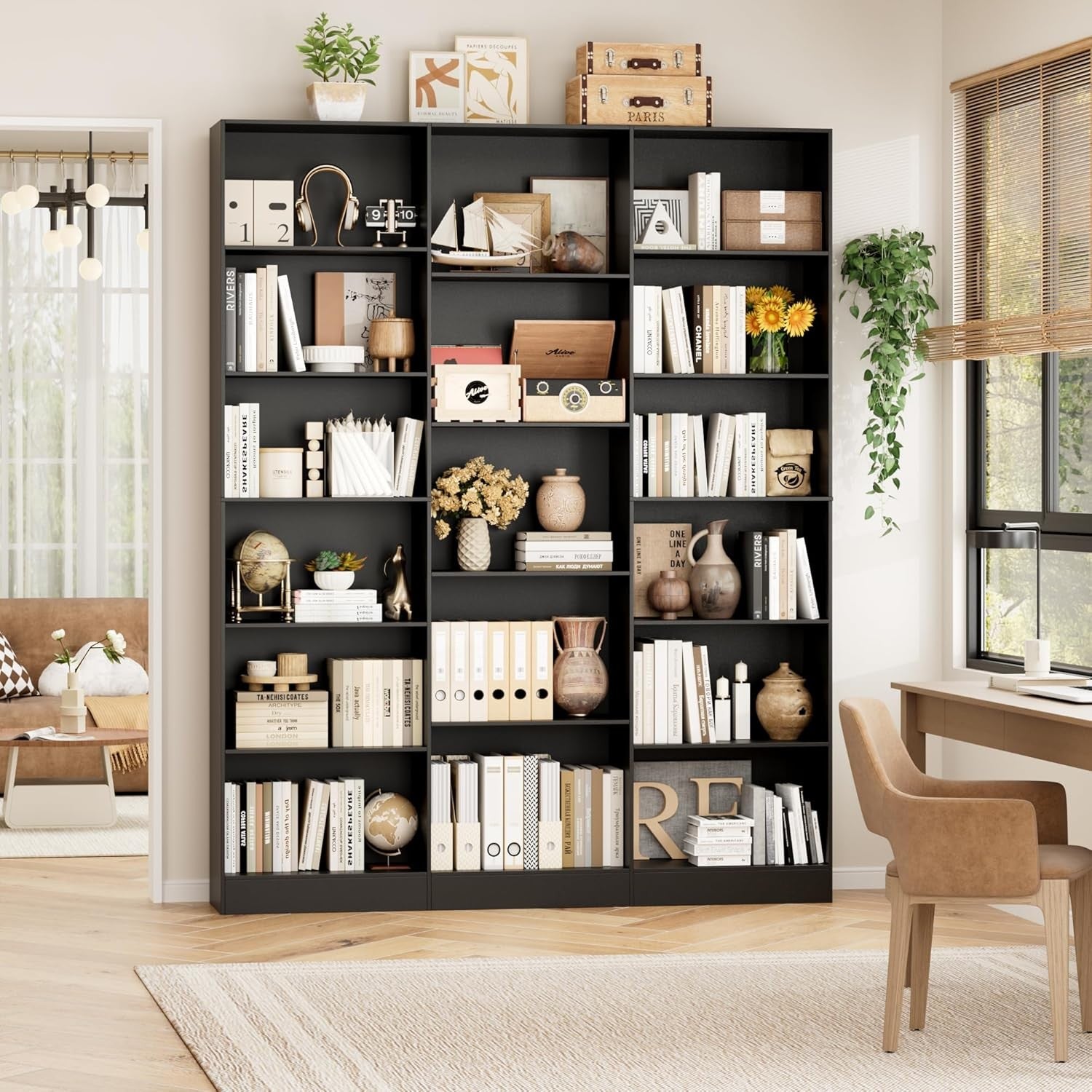 Tall Black 6-Tier Bookshelf with 17 Compartments Modern Display Storage Unit
