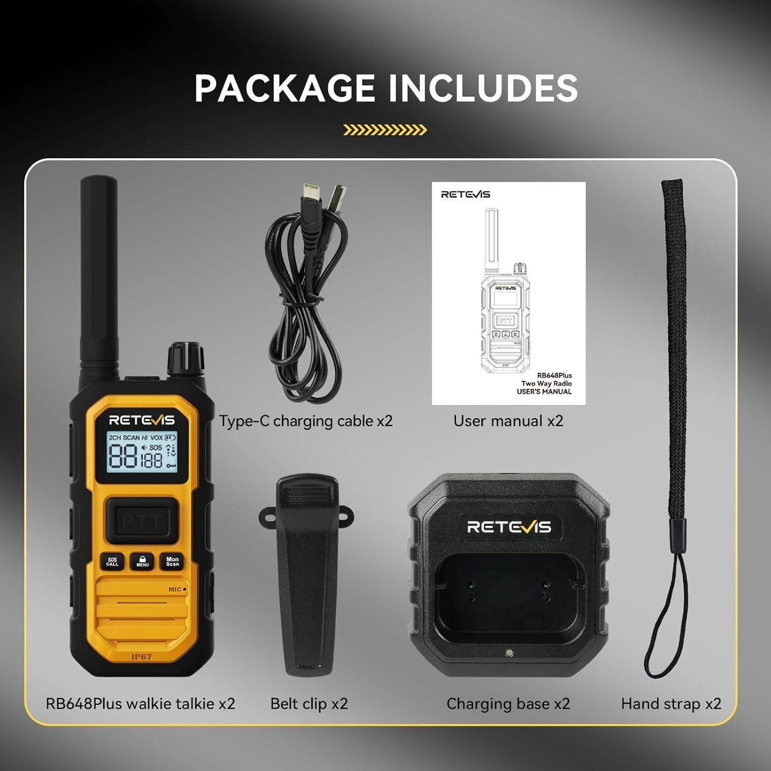 IP67 Waterproof Walkie Talkies 2 Pack 2000mAh SOS Long Range Radio