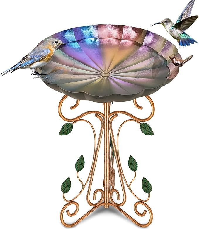 Colorful Metal Bird Bath with Pedestal – Vintage Garden Feeder Bowl Decor