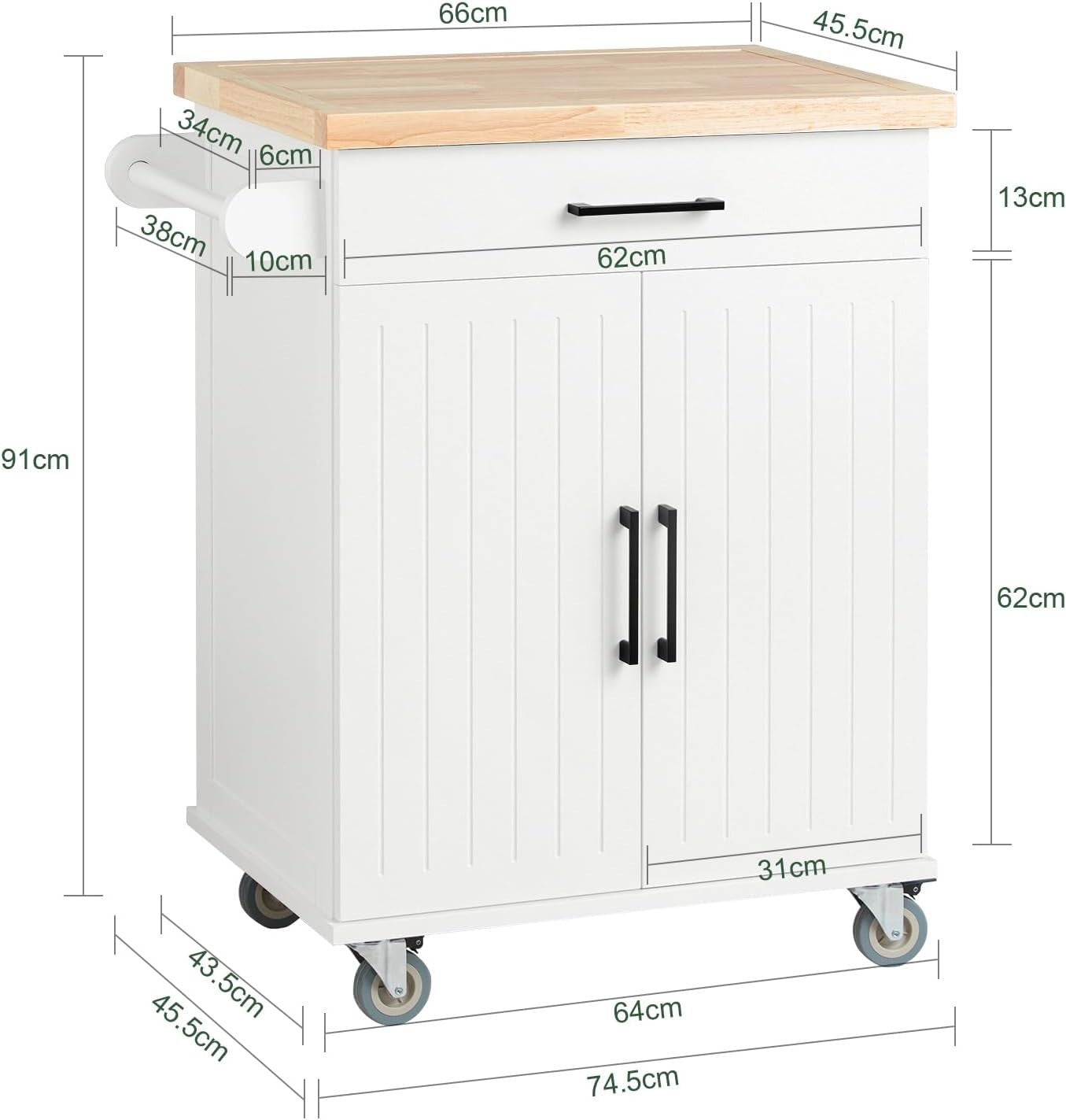 Rolling Kitchen Trolley Cart with Rubberwood Worktop, Drawer & Cabinet Storage