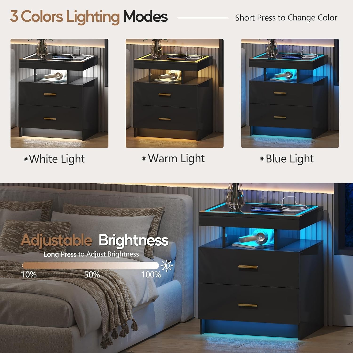 Set of 2 Black LED Bedside Tables with Wireless Charging, Glass Top & Drawers