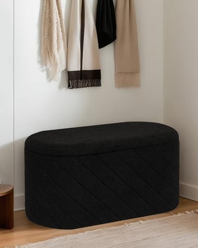 Black Oval Storage Ottoman Bench 3-in-1 Footrest Seat with Hidden Storage