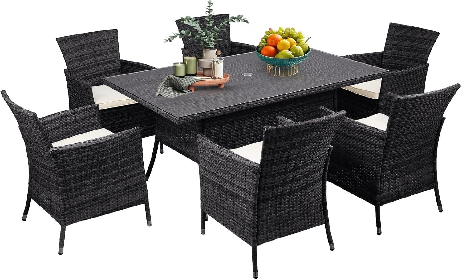 7pc Rattan Garden Dining Set w/ Cushions & 120cm Rectangular Table