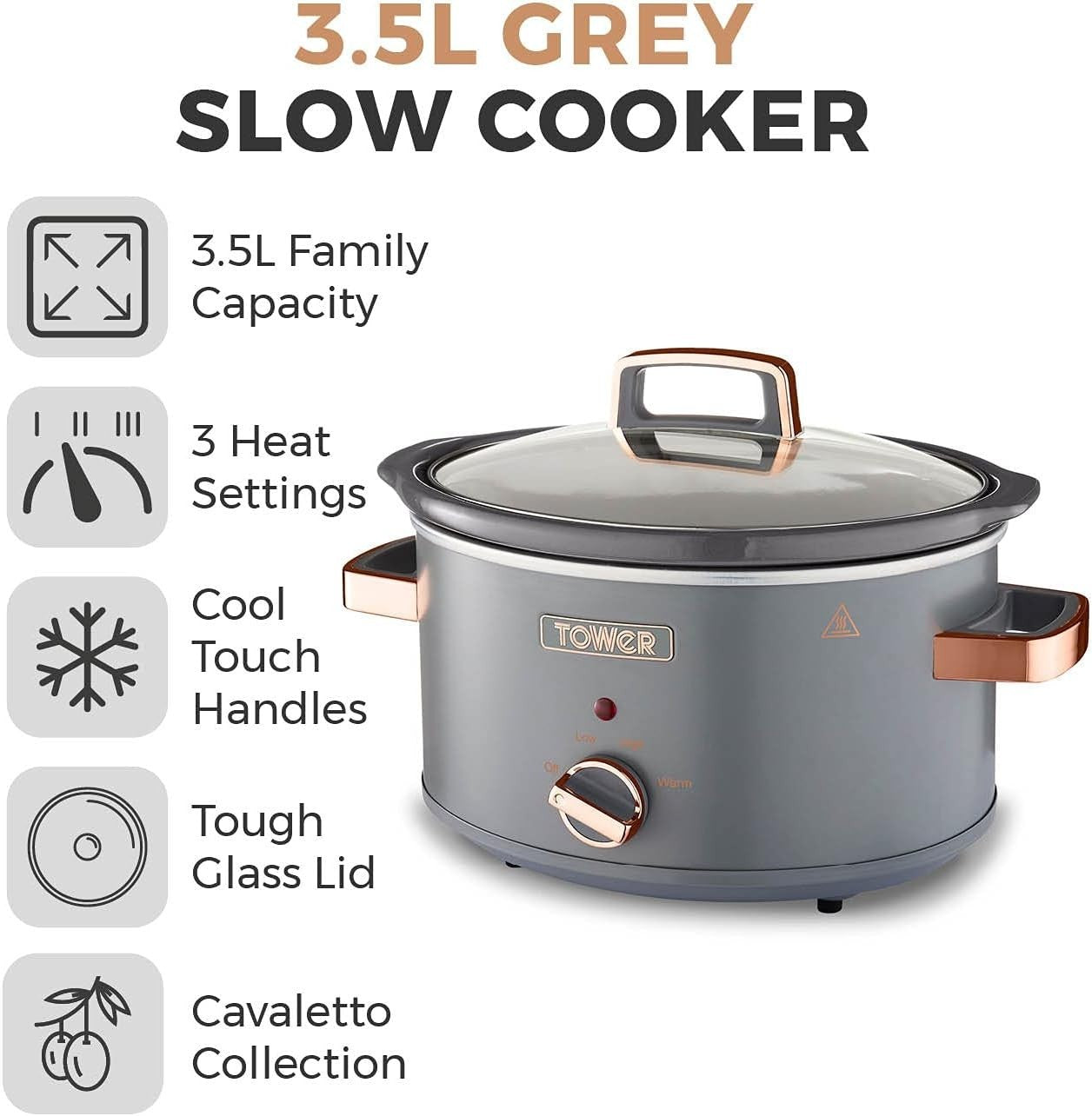 Family Size 3.5L Slow Cooker with Removable Pot & 3 Heat Controls