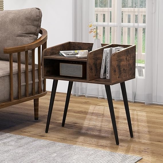 Rustic Brown Wooden Bedside Table with Open Shelves & Metal Legs – Modern Nights
