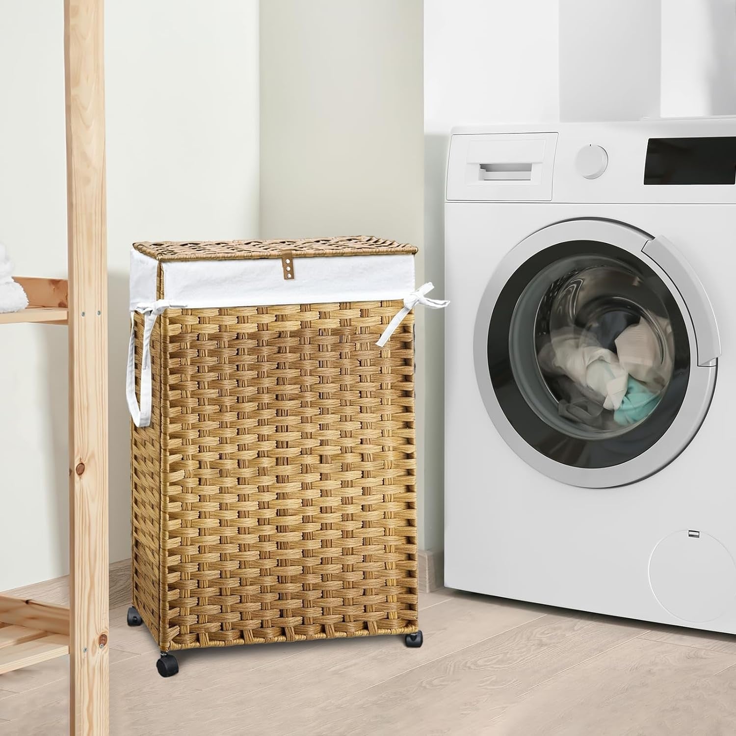 70L Rattan Laundry Hamper with Wheels 2 Removable Bags Slim Bedroom Basket