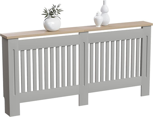 Extra Large Olive Grey Radiator Cover Cabinet MDF Slatted With Wooden Shelf