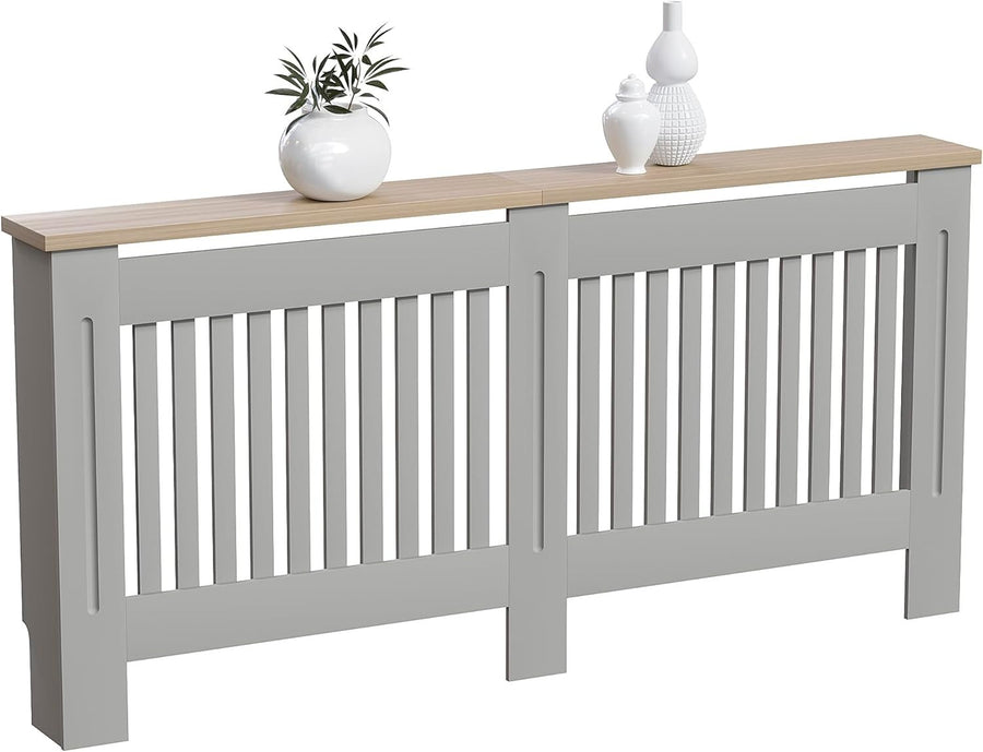 Extra Large Olive Grey Radiator Cover Cabinet MDF Slatted With Wooden Shelf