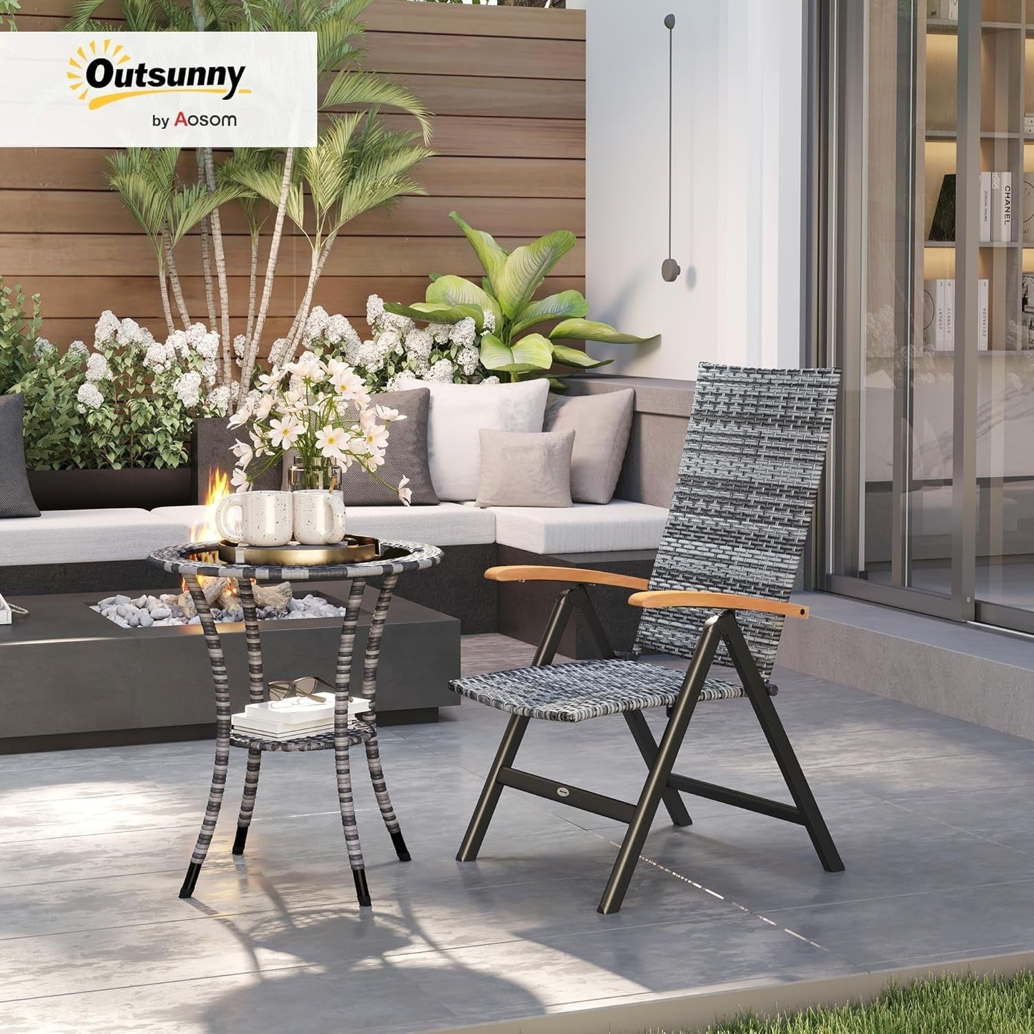 Light Grey Folding Recliner Chair High Back Rattan Patio Garden Seat