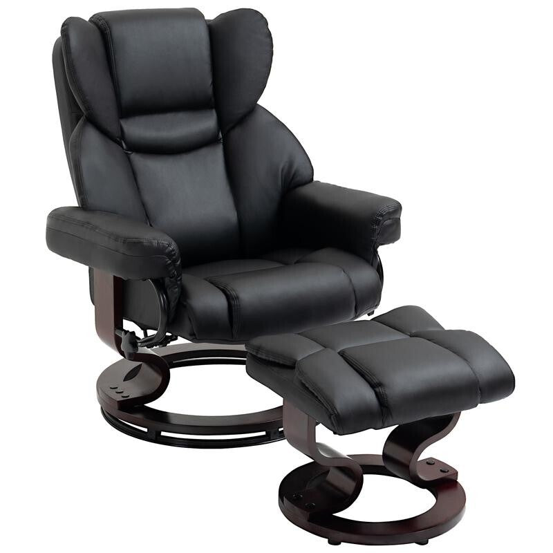 Black Recliner Swivel Armchair with Footstool PU Leather Lounge Chair