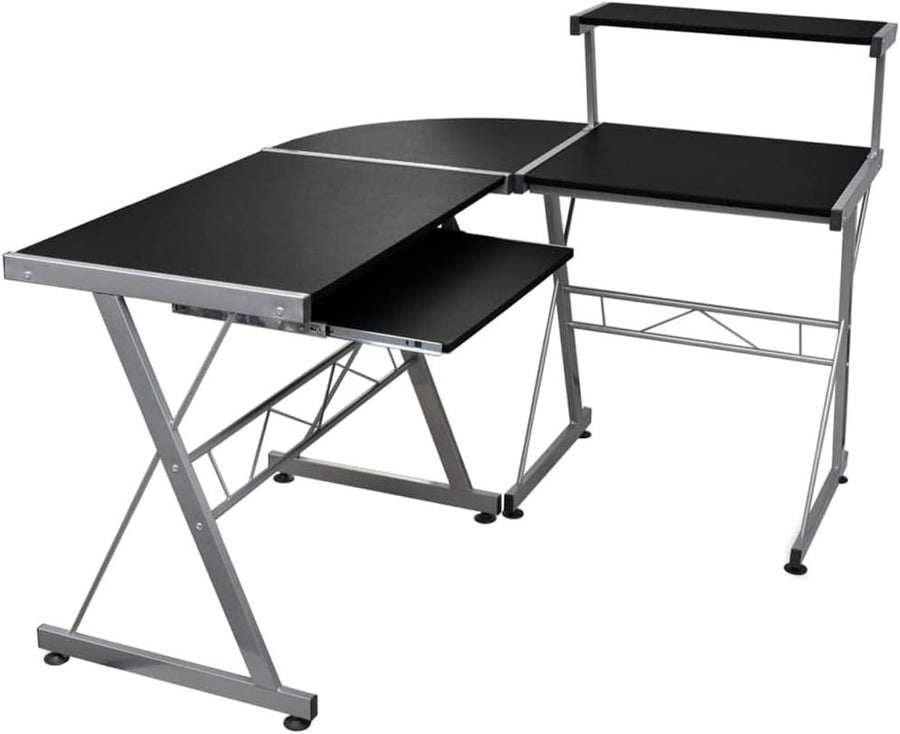 Black L-Shaped Corner Computer Desk 132cm W/Keyboard Tray & Shelf Office Table