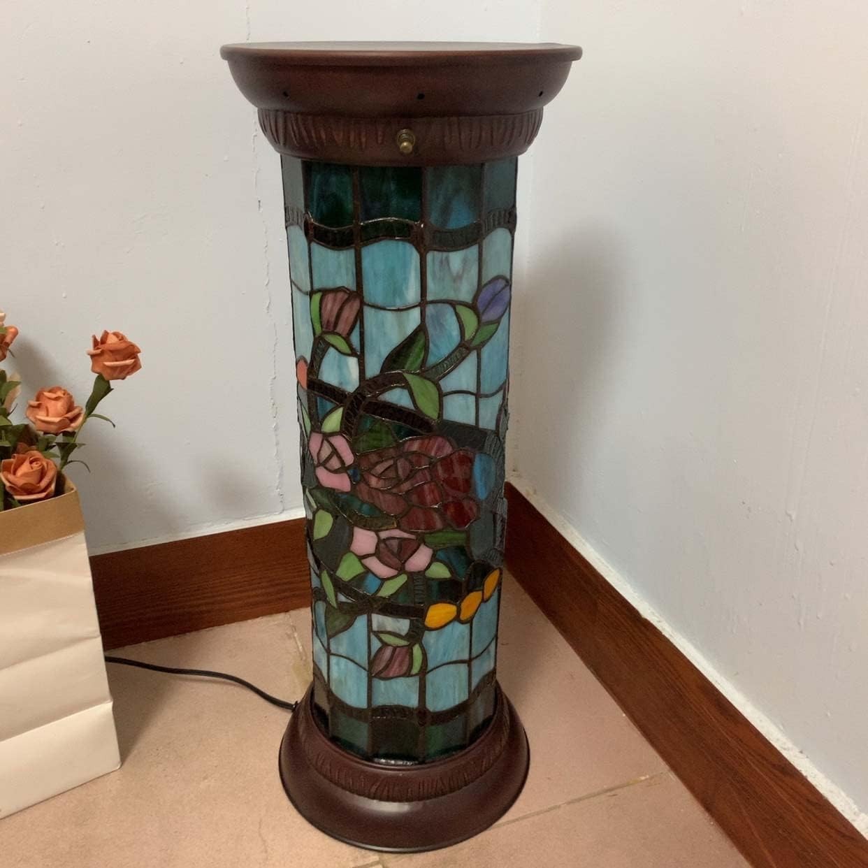 Rose Stained Glass Floor Lamp, 28" Antique Tiffany Style Pedestal Light
