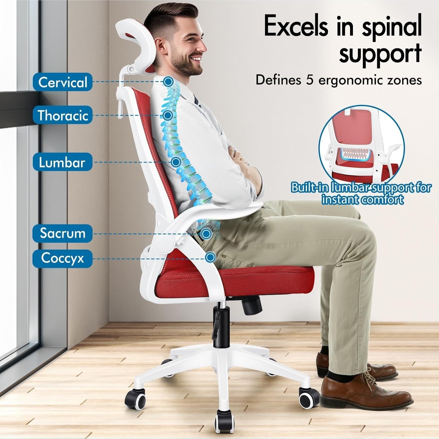 Ergonomic Mesh Office Chair Lumbar Support Flip Arms Headrest Red 180KG Max