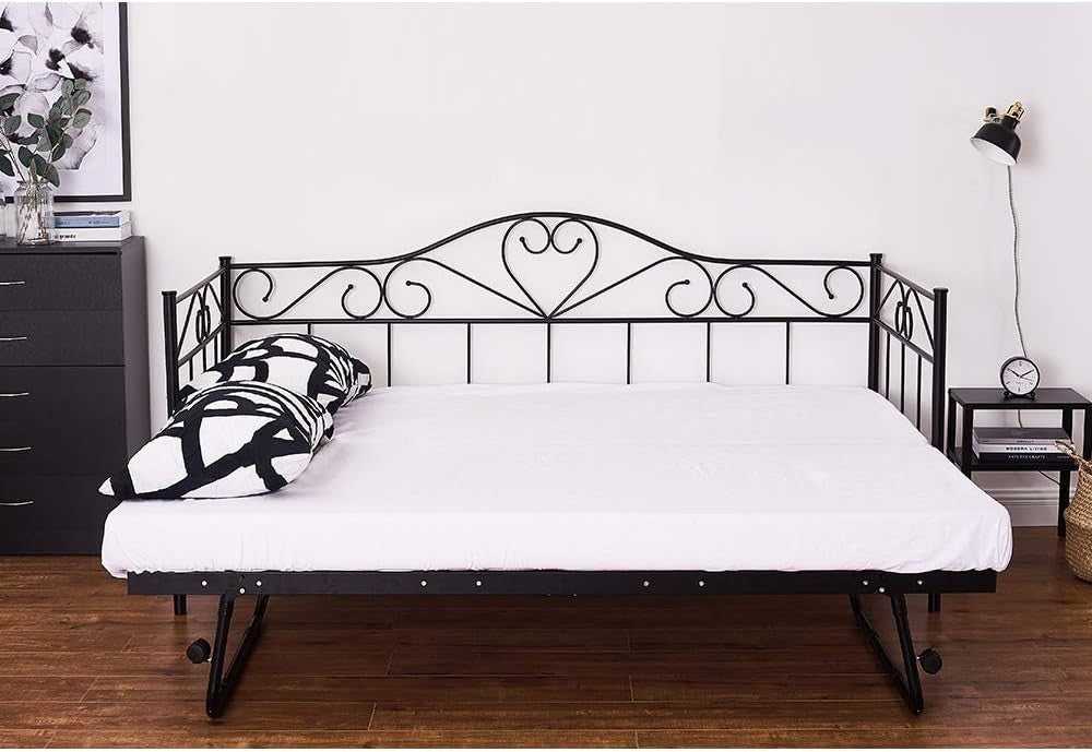 Metal Day Bed with Pull Out Trundle Frame Guest Sofa Bed Black 3FT Single