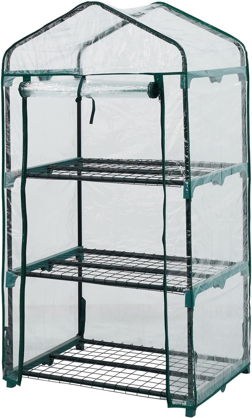 3 Tier Mini Greenhouse Clear PVC Cover Roll-Up Door Outdoor Plant Cold Frame