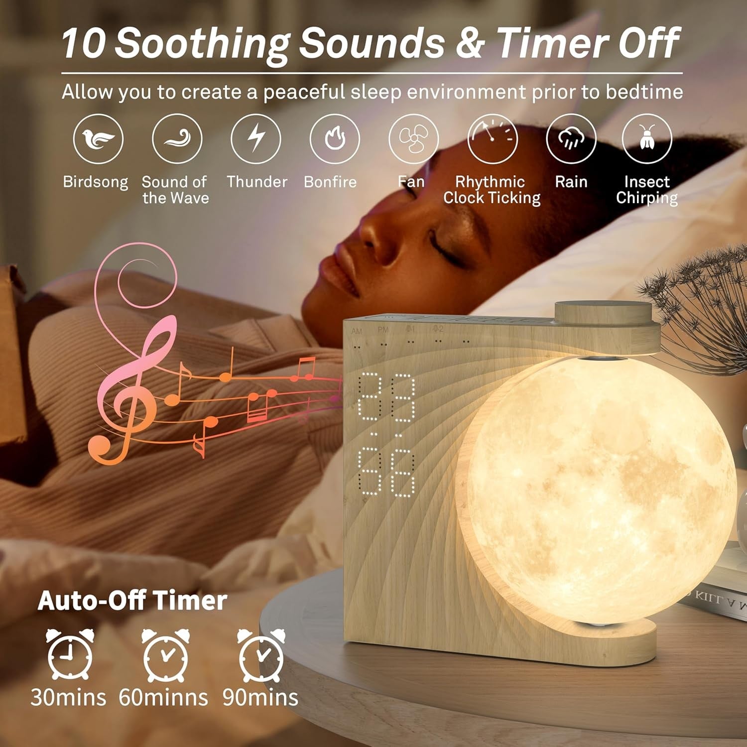 Sunrise Alarm Clock Wake Up Light Moon Lamp White Noise Night Light