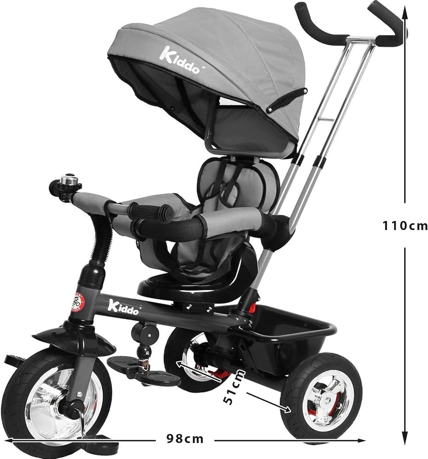 4 in 1 Kids Tricycle Rotating Seat Sun Canopy Parent Push Trike Grey
