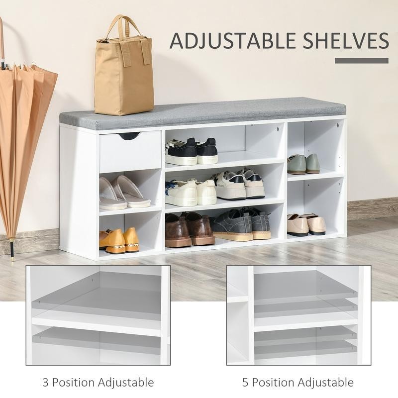 White Shoe Bench Seat with Drawer & 7 Adjustable Storage Compartments
