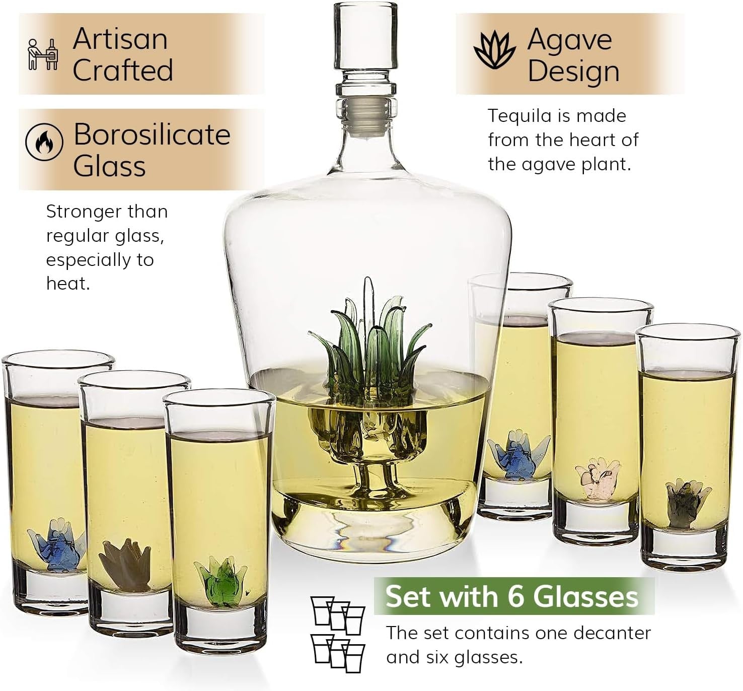 Agave Tequila Decanter Set with 6 Shot Glasses Luxury Bar Gift