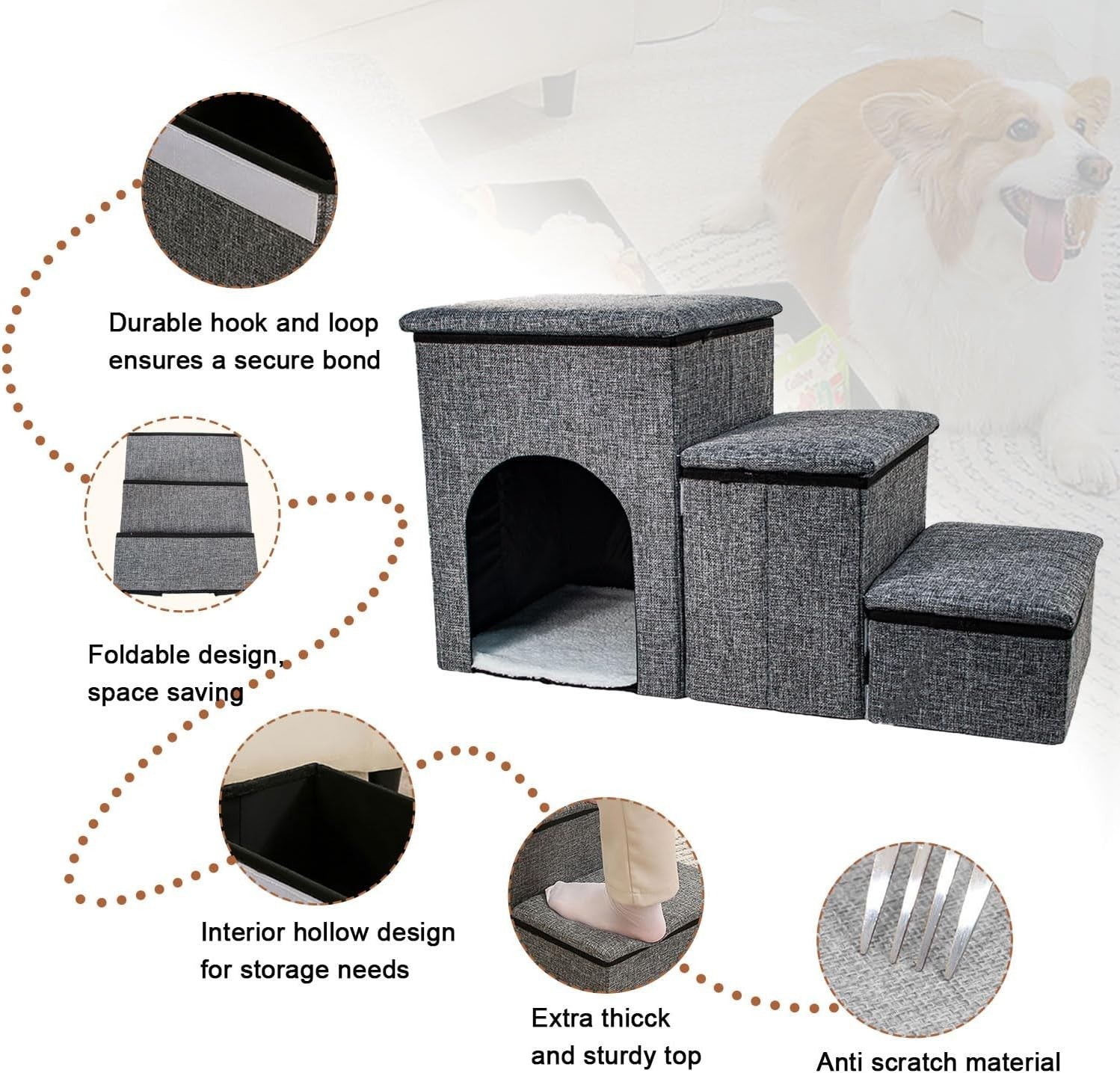 Grey 3 in 1 Dog Stairs with Storage Pet Steps House 78x34x42cm