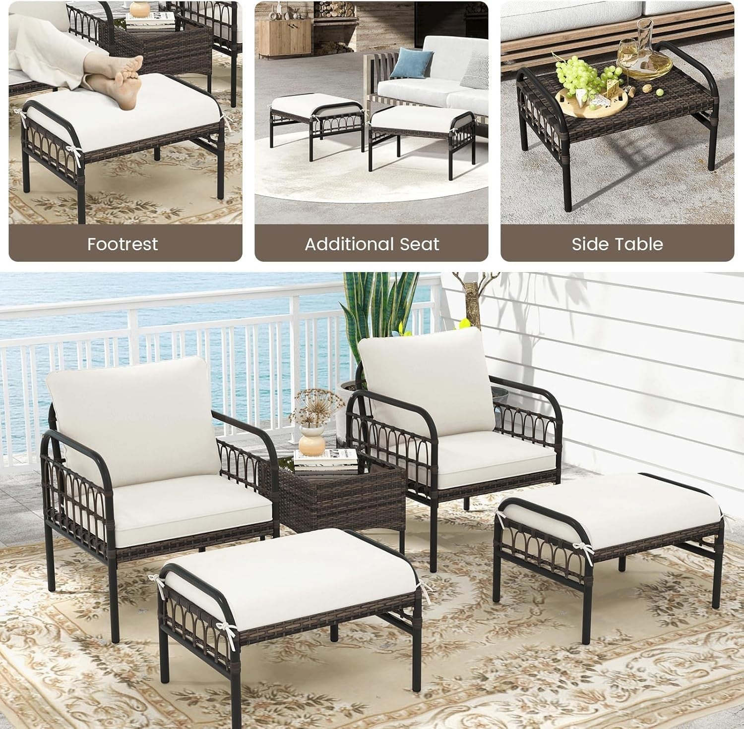 5PC Rattan Garden Furniture Set Armchairs Footstools Coffee Table Cushioned