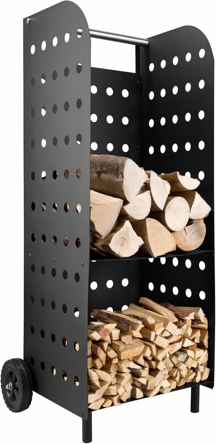 Firewood Log Holder with Wheels & Shelf – Indoor Outdoor Steel Rack 53x41x112cm
