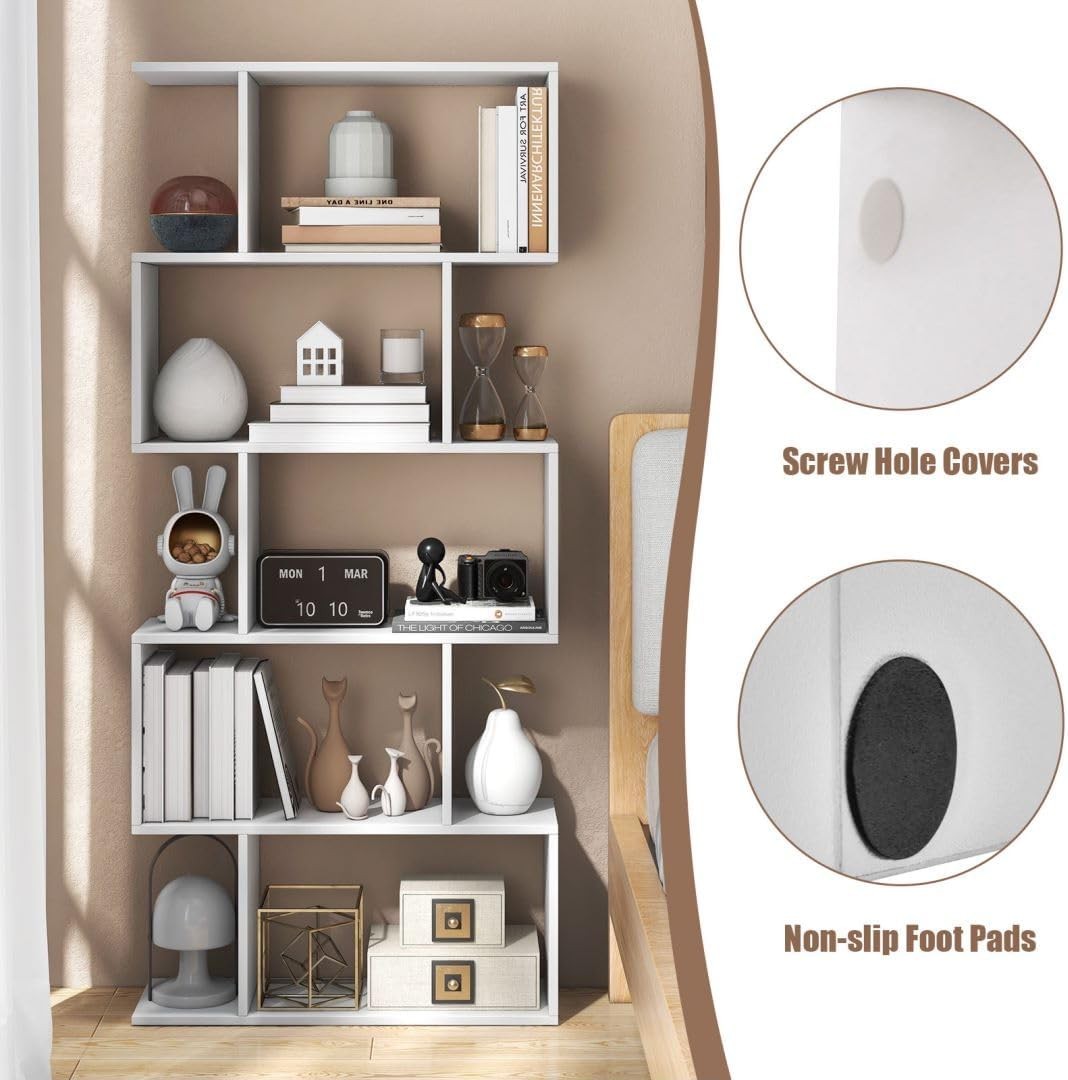 Modern S-Shape 5 Tier Bookshelf White | Freestanding Display Shelving Unit 70×15