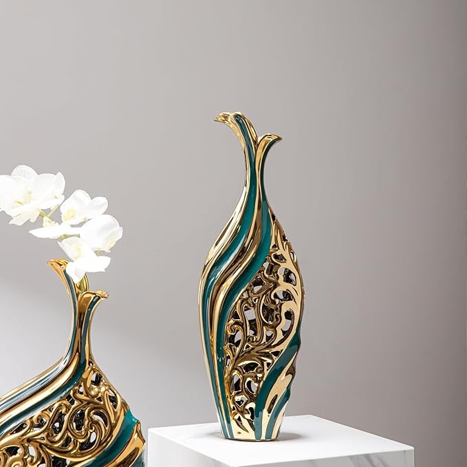 Tall Teal Gold Floor Vase 50cm Modern Luxury Pampas Grass Decor