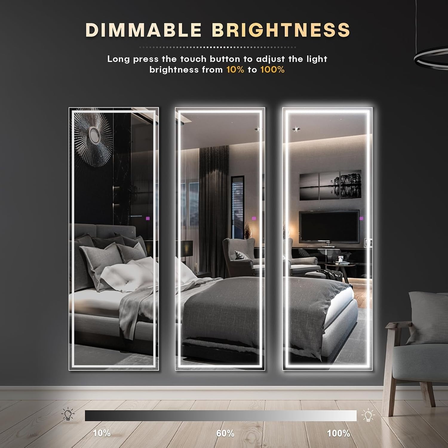 LED Full Length Mirror 150x40cm Wall Mounted Touch Light Black Frame