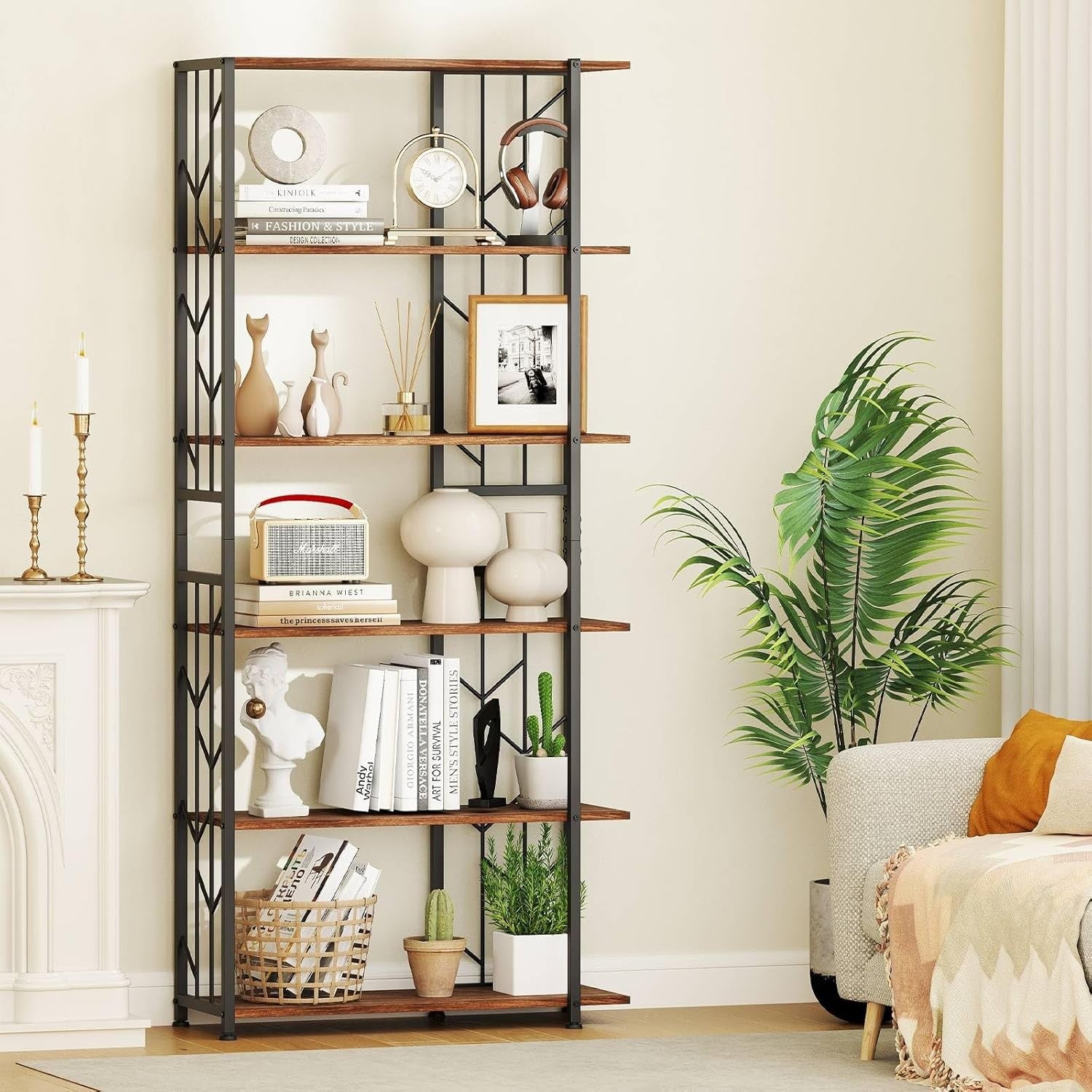 Industrial 5/6 Tier Bookshelf Tall Metal & Wood Display Storage Rack 80×31×180cm
